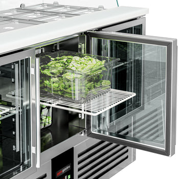 Stół Sałatkowy PREMIUM - 1368 mm - wysoka szklana nadstawka - 4x GN 1/1 - 3 szklane drzwi - Prime Gastro