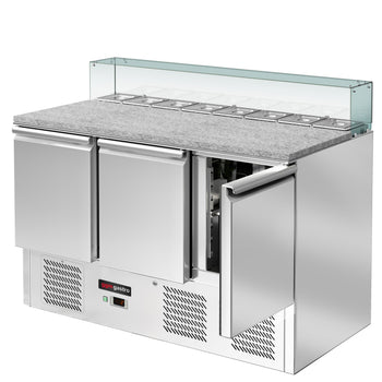 Stół sałatkowy ECO - 1368mm - 3 drzwi - dla 8x GN 1/6 - szklana nadstawka - Prime Gastro