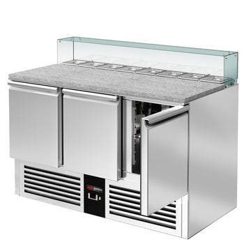 Stół Sałatkowy PREMIUM - 1368 mm - szklana nadstawka dla 8x GN 1/6 - 3 drzwi - Prime Gastro