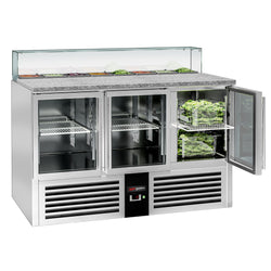 Stół Sałatkowy PREMIUM - 1368mm - szklana nadstawka dla 8x GN 1/6 - 3 szklane drzwi