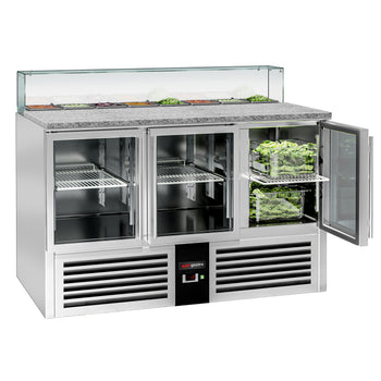 Stół Sałatkowy PREMIUM - 1368mm - szklana nadstawka dla 8x GN 1/6 - 3 szklane drzwi - Prime Gastro