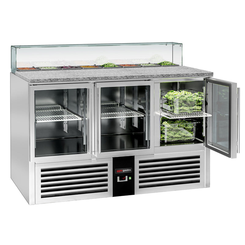 Stół Sałatkowy PREMIUM - 1368mm - szklana nadstawka dla 8x GN 1/6 - 3 szklane drzwi