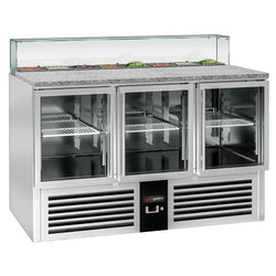 Stół Sałatkowy PREMIUM - 1368mm - szklana nadstawka dla 8x GN 1/6 - 3 szklane drzwi