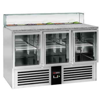 Stół Sałatkowy PREMIUM - 1368mm - szklana nadstawka dla 8x GN 1/6 - 3 szklane drzwi - Prime Gastro