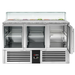 Stół Sałatkowy PREMIUM - 1368mm - szklana nadstawka dla 8x GN 1/6 - 3 szklane drzwi