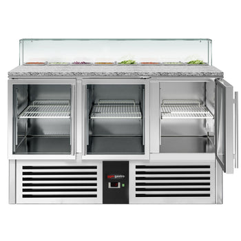 Stół Sałatkowy PREMIUM - 1368mm - szklana nadstawka dla 8x GN 1/6 - 3 szklane drzwi - Prime Gastro