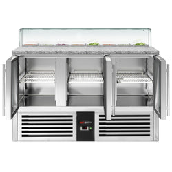 Stół Sałatkowy PREMIUM - 1368mm - szklana nadstawka dla 8x GN 1/6 - 3 szklane drzwi