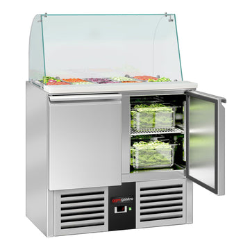 Stół Sałatkowy PREMIUM - 900 mm - wysoka szklana nadstawka - 2x GN 1/1 i 3x GN 1/6 - 2 drzwi - Prime Gastro