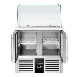 Stół Sałatkowy PREMIUM - 900 mm - wysoka szklana nadstawka - 2x GN 1/1 & 3x GN 1/6 - 2 szklane drzwi