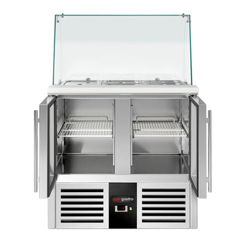 Stół Sałatkowy PREMIUM - 900 mm - wysoka szklana nadstawka - 2x GN 1/1 & 3x GN 1/6 - 2 szklane drzwi - Prime Gastro