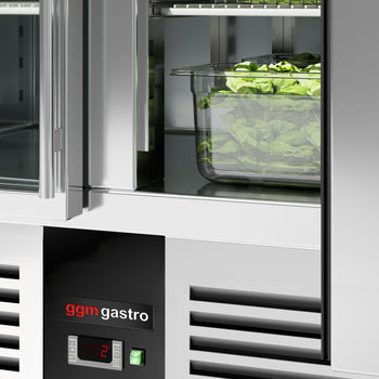 Stół Sałatkowy PREMIUM - 1368 mm - wysoka szklana nadstawka - 4x GN 1/1 - 3 szklane drzwi - Prime Gastro