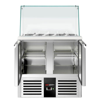 Stół Sałatkowy PREMIUM - 900 mm - wysoka szklana nadstawka - 2x GN 1/1 i 3x GN 1/6 - 2 drzwi - Prime Gastro