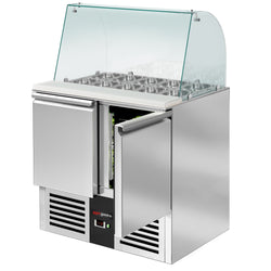 Stół Sałatkowy PREMIUM - 900 mm - wysoka szklana nadstawka - 2x GN 1/1 i 3x GN 1/6 - 2 drzwi