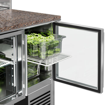 Stół Sałatkowy PREMIUM - 903 mm - nadstawka ze stali nierdzewnej - dla 5x GN 1/6 - 2 szklane drzwi - Prime Gastro