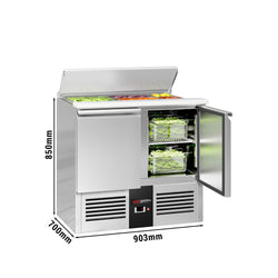 Stół sałatkowy PREMIUM – 903 mm – 2 drzwi – z otworem na 2x GN 1/1 i 3x GN 1/6 oraz pokrywą ze stali nierdzewnej