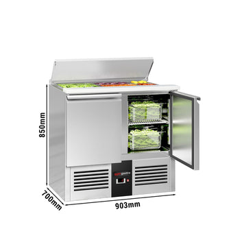 Stół sałatkowy PREMIUM – 903 mm – 2 drzwi – z otworem na 2x GN 1/1 i 3x GN 1/6 oraz pokrywą ze stali nierdzewnej