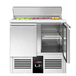 Stół sałatkowy PREMIUM – 903 mm – 2 drzwi – z otworem na 2x GN 1/1 i 3x GN 1/6 oraz pokrywą ze stali nierdzewnej