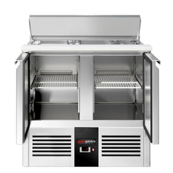 Stół sałatkowy PREMIUM – 903 mm – 2 drzwi – z otworem na 2x GN 1/1 i 3x GN 1/6 oraz pokrywą ze stali nierdzewnej