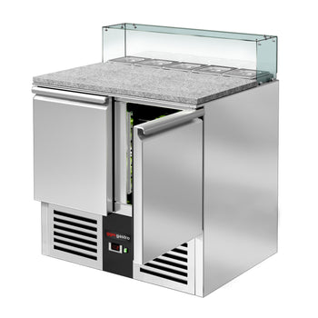 Stół sałatkowy PREMIUM - 900mm - Szklana nadstawka na 5x GN 1/6 - 2 drzwi - Prime Gastro