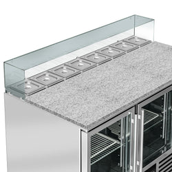 Stół Sałatkowy PREMIUM - 1368mm - szklana nadstawka dla 8x GN 1/6 - 3 szklane drzwi