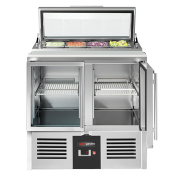 Stół Sałatkowy PREMIUM - 900 mm - dla 4x GN 1/3 - szklana pokrywa - 2 szklane drzwi - Prime Gastro
