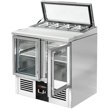 Stół Sałatkowy PREMIUM - 900 mm - dla 4x GN 1/3 - szklana pokrywa - 2 szklane drzwi - Prime Gastro