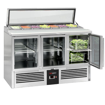 Stół Sałatkowy PREMIUM - 1365 mm - dla 7x GN 1/3 - szklana pokrywa - 3 szklane drzwi - Prime Gastro