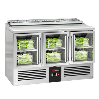 Stół Sałatkowy PREMIUM - 1365 mm - dla 7x GN 1/3 - szklana pokrywa - 3 szklane drzwi - Prime Gastro