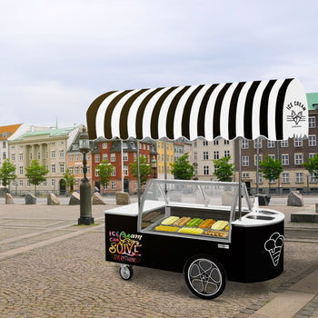 Wózek na lody - 2146 mm - ze zlewem & okrągłą ladą na lody - do pojemników na lody 9x5 litrów - Prime Gastro