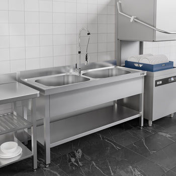 Stół zlewozmywakowy PREMIUM - 1400x700 mm - z półką dolną & 2 zlewami w środku - Prime Gastro