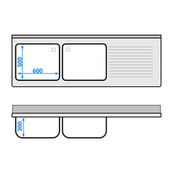 Stół zlewozmywakowy dla zmywarki do naczyń - 2000x700mm - z 2 zlewami po lewej stronie