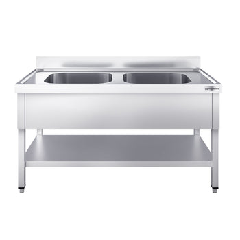 Stół zlewozmywakowy PREMIUM - 1400x600 mm - z półką dolną i 2 zlewami w środku - Prime Gastro