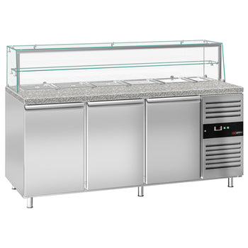 Stół Sałatkowy PREMIUM - 2020mm - 3 drzwi - dla 5x GN 1/1 + 1x GN 2/4 - szklana nadstawka - 1 półka - oświetlenie LED - Prime Gastro