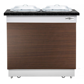 Dozownik talerzy DUBLIN - 700 mm - podgrzewany - na kółkach - 100 talerzy - blat roboczy kuchenny z czarnego granitu - Prime Gastro