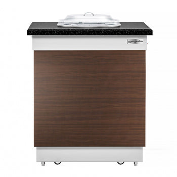 Dozownik talerzy DUBLIN - 700 mm - podgrzewany - na kółkach - 50 talerzy - blat roboczy kuchenny z czarnego granitu - Prime Gastro