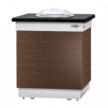 Dozownik talerzy DUBLIN - 700 mm - podgrzewany - na kółkach - 50 talerzy - blat roboczy kuchenny z czarnego granitu - Prime Gastro