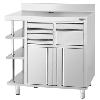 Szafka robocza - na ekspres do kawy - 1000x600 mm - z kołatką, 2 szufladami, 2 drzwiczkami i panelem tylnym - Prime Gastro