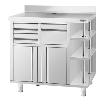 Szafka robocza - na ekspres do kawy - 1000x600 mm - z kołatką, 2 szufladami, 2 drzwiczkami i panelem tylnym - Prime Gastro