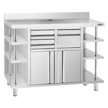 Szafka robocza - na ekspres do kawy - 2000x600mm - z kołatką, 2 szufladami, 2 drzwiczkami i panelem tylnym - Prime Gastro