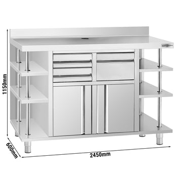 Szafka robocza - na ekspres do kawy - 2500x600 mm - z kołatką, 2 szufladami, 2 drzwiczkami i panelem tylnym - Prime Gastro