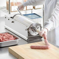 Ręczna nadziewarka do kiełbas - 5l - stal nierdzewna - pozioma - w zestawie: 4 lejki