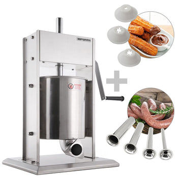 Manualna nadziewarka do kiełbasek & churro - 10 litrów - stal nierdzewna - włącznie z 4 nadziewarkami do kiełbasek & 3 przystawkami do churro - Prime Gastro