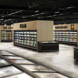 (4 sztuki) Witryna chłodnicza naścienna do supermarketów - 7500 mm - z bezramowymi, izolowanymi szklanymi drzwiami, 5 półek