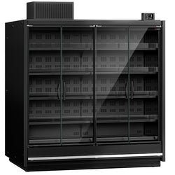 (6 szt.) Regał chłodniczy przyścienny Plug‑In - 11250mm - z 24 bezramowymi, podwójnie przeszklonymi drzwiami uchylnymi & 30 półek - Czarny