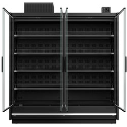 (4 sztuki) Witryna chłodnicza naścienna do supermarketów - 7500 mm - z bezramowymi, izolowanymi szklanymi drzwiami, 5 półek