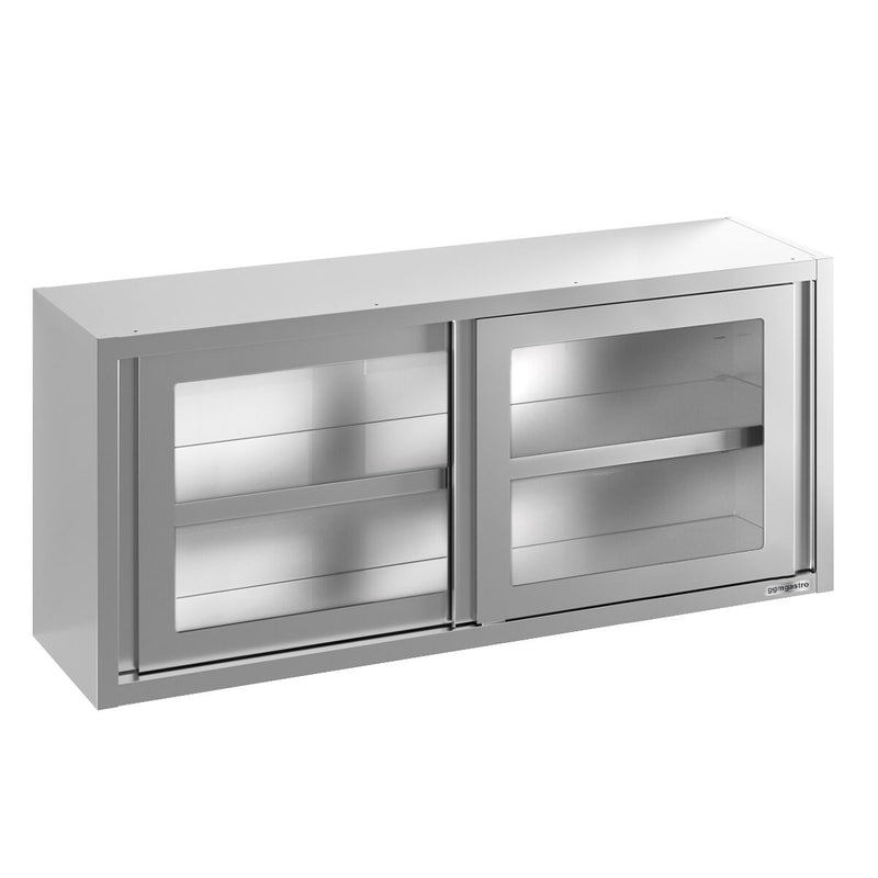 Szafka ścienna ze stali nierdzewnej - 1400x400 mm - z przesuwanymi szklanymi drzwiami - 650 mm wysokości