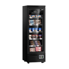 Wall mounted freezer display cabinet - 630mm - 443 litres - with LED lighting, insulated glass door & 5 shelves