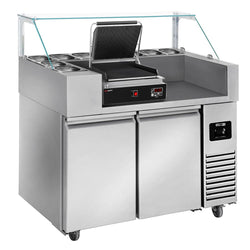 Stół przygotowawczy – 1210 mm – 2 drzwi – na 9 pojemników GN 1/6 – wraz z cyfrowym grillem kontaktowym