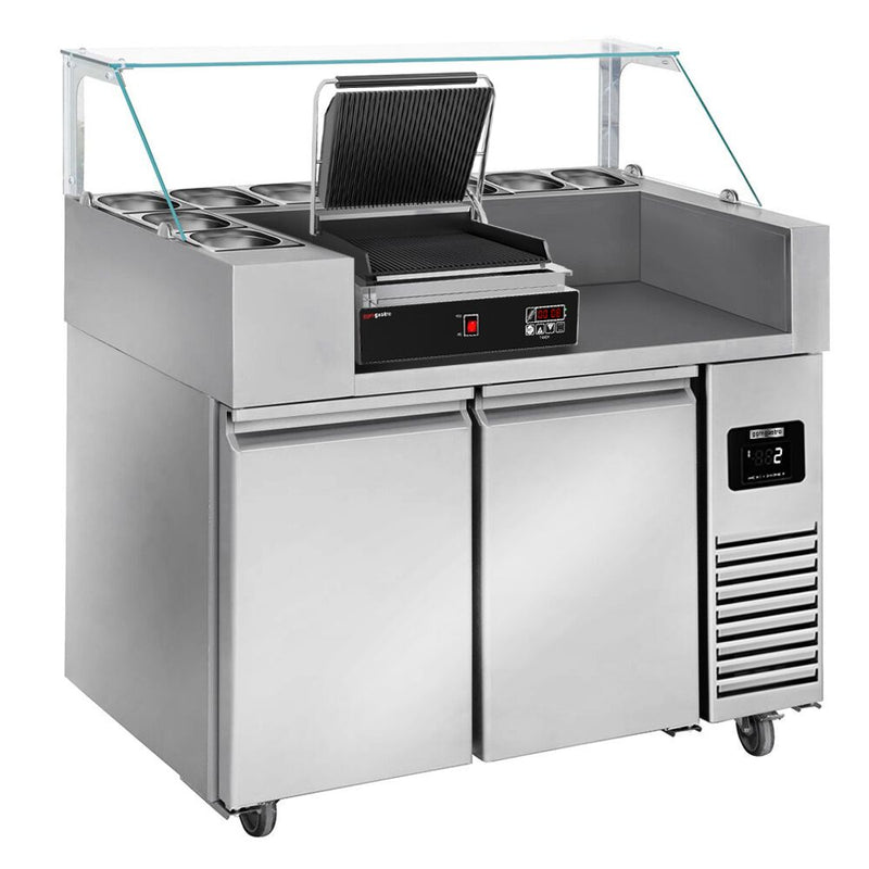 Stół przygotowawczy – 1210 mm – 2 drzwi – na 9 pojemników GN 1/6 – wraz z cyfrowym grillem kontaktowym