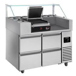 Stół przygotowawczy – 1210 mm – 4 szuflady – na 9 pojemników GN 1/6 – wraz z cyfrowym grillem kontaktowym